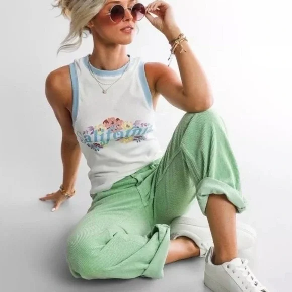 Billabong x The Salty Blonde CHILL OUT Corduroy WASHED GRASS PANTS WOMEN 26 - Picture 2 of 14